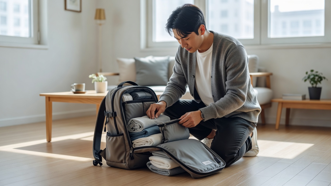 일본 여행 짐을 30L 백팩에 압축 파우치로 효율적으로 꾸리는 모습